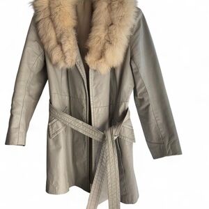 Women's Taupe Leather Coat with Fur Collar